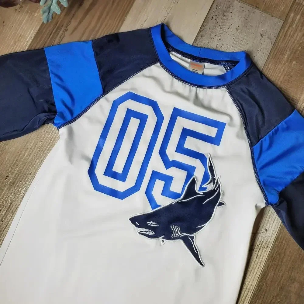 Gymboree Boys Size Large 10-12 White & Blue Shark Long Sleeve Rashguard UPF 50+